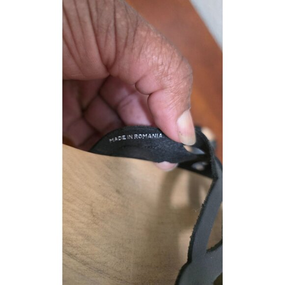 Swedish Hasbeens Women's Black Leather Peep-Toe Sandals Wooden Platform & Ankle - Picture 12 of 13